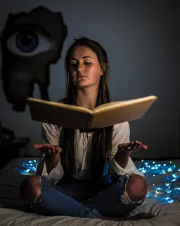 一个女人坐在床垫上看书,床垫靠近房间里的蓝线灯 一个女人坐在床垫上看书,床垫靠近房间里的蓝线灯