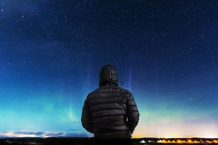 夹克，夜晚，人，天空，独奏，星星，星星-太空，天文学