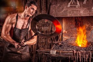 男人，穿着，黑色，围裙插图，铁匠，火，铁，煤