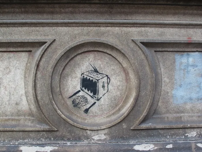 涂鸦, 电视, 吃, 脑, 墙, 建筑结构, 建筑, 没有人