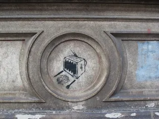 涂鸦, 电视, 吃, 脑, 墙, 建筑结构, 建筑, 没有人