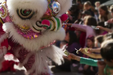 白色,粉色,中国狮子,中国新年,龙,钱,孩子,街头表演 白色,粉色,中国狮子,中国新年,龙,钱,孩子,街头表演