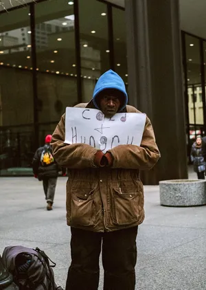 男人，拿着，打印纸，冷，饿，文本，站着，外面