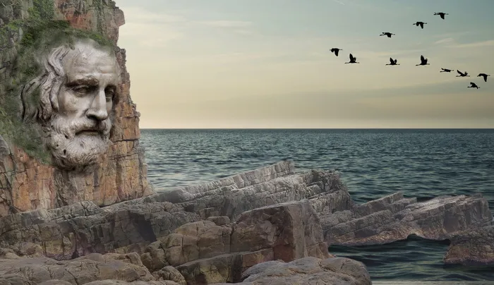 浮雕，人类，面对山崖地标，水，岩石，旅行，天空，全景