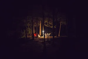 夜间在树下的红色露营帐篷