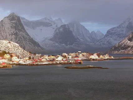 挪威，雷恩，洛弗顿，海，房子，山，雪，自然