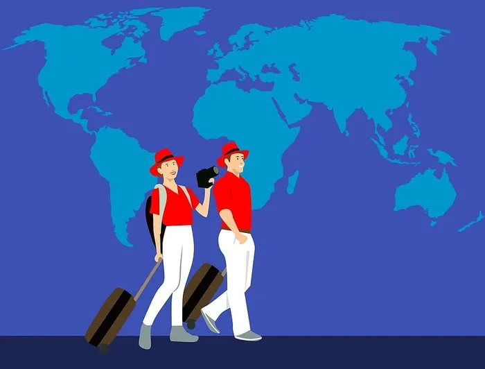 游客拍照和携带行李旅行的插图。