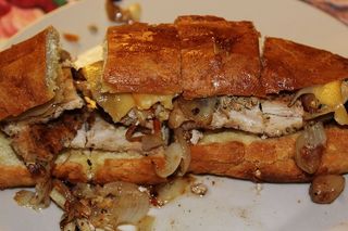 三明治、sub、hoagie、自制、面包、鸡肉、奶酪、洋葱