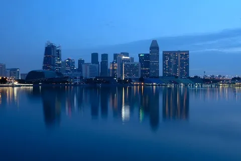 夜间水体旁的城市建筑 夜间水体旁的城市建筑