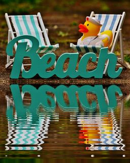 日光躺椅、海滩、水、银行、镜像、字体、橡皮鸭、夏季