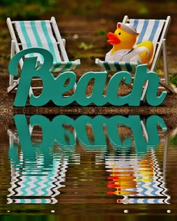 日光躺椅、海滩、水、银行、镜像、字体、橡皮鸭、夏季
