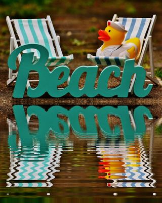 日光躺椅、海滩、水、银行、镜像、字体、橡皮鸭、夏季