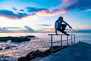 日落、跳跃、动作、背心、软呢帽、海洋、开曼群岛、运动