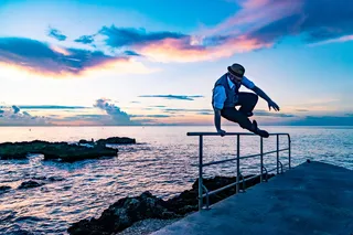 日落、跳跃、动作、背心、软呢帽、海洋、开曼群岛、运动