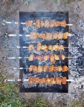 背景、烧烤、牛肉、牛排、鸡肉、krupnyj计划、熟的、奶牛