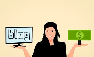 一个女人从博客上举着屏幕和从博客上挣钱的插图。