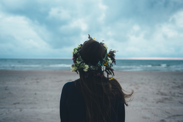 女孩，花环，海滩，观赏，女人，幻想，海，海洋