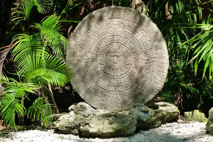 照片，圆形，灰色，混凝土，雕像，植物，阿兹特克日历，墨西哥
