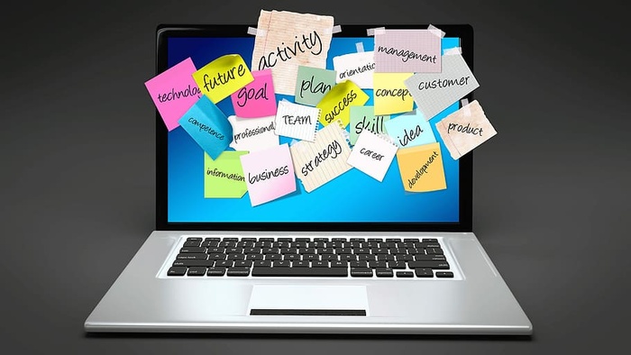 打开笔记本电脑，盖上，粘贴，便笺，笔记本电脑，电脑，粘贴，张贴