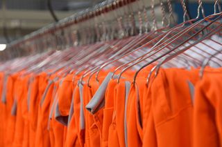 德国，elmshorn，衣架，工作场所，橙色，洗衣房，工业，纺织品