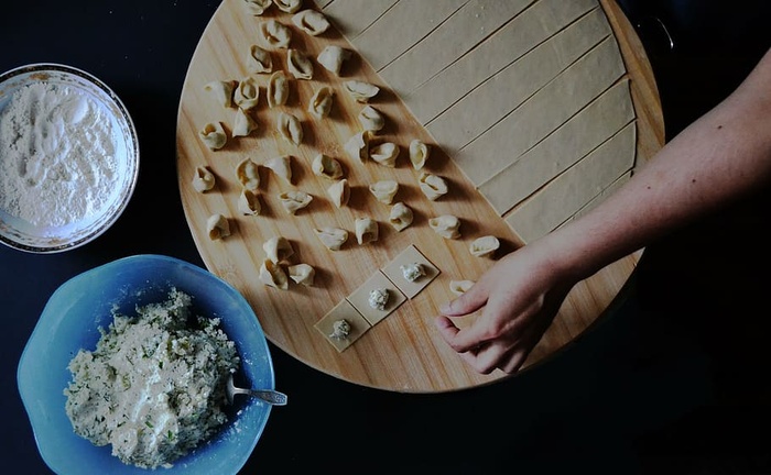 面团，切碎，板，人，制作，曼蒂，烹饪，厨房