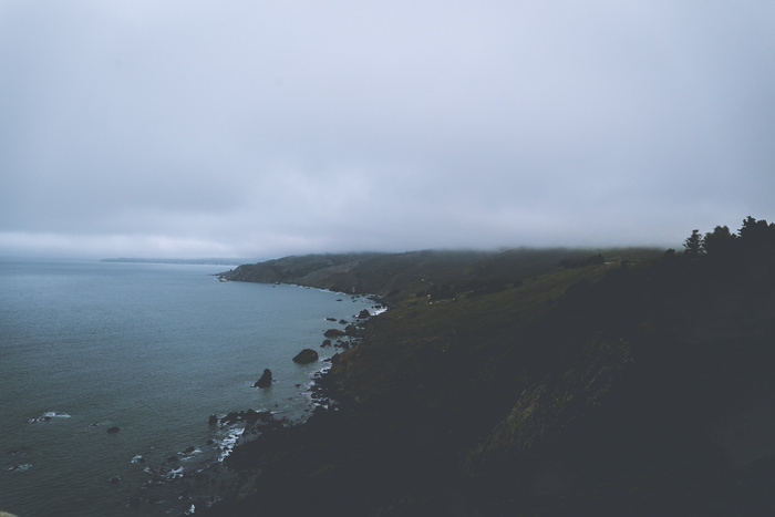 海滩，海岸，雾，雾，风景，雾，山，海洋