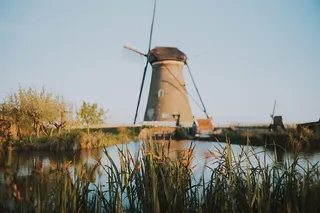 棕色，风车，旁边，身体，水，房子，公园，荷兰