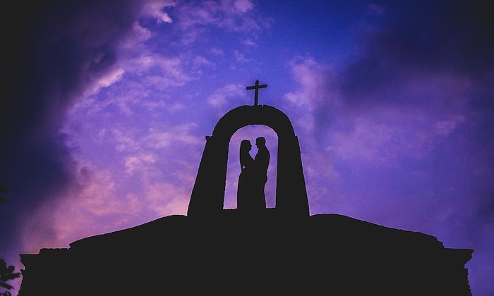 轮廓，男人，女人，拱门，十字架，两个，情侣，弧线