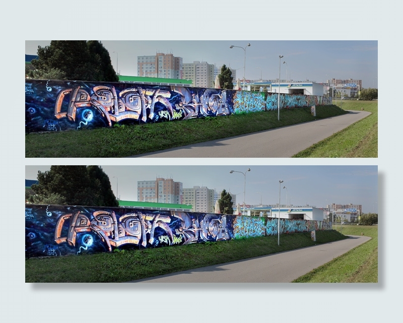 全景、颜色、城市、标志、标志、墙、设计、喷雾