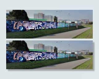 全景、颜色、城市、标志、标志、墙、设计、喷雾