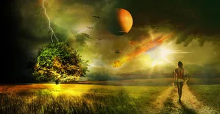 灾难，台风，气旋，飓风，女人，植物，一个人，天空