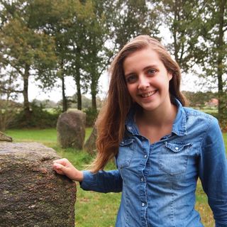 女孩，牛仔，衬衫，长发，dolmen，drenthe，古代，笑