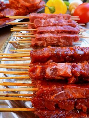 肉，生的，好吃的，食物，烤肉，烤肉，薯条，吃