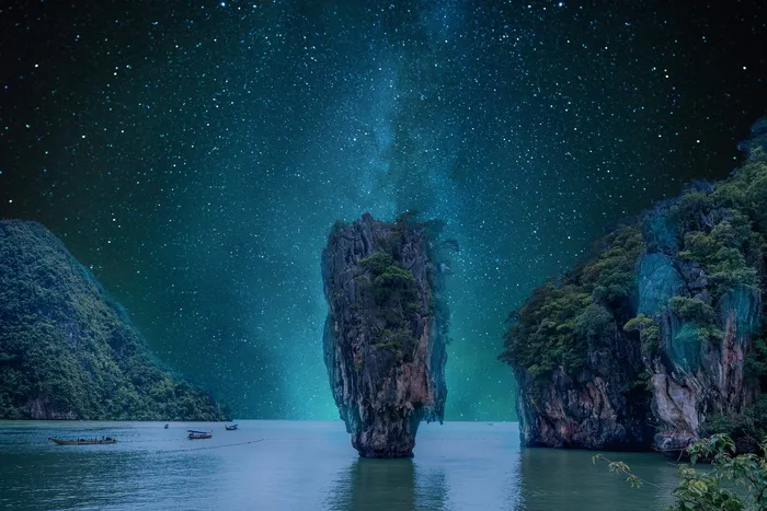 风景，夜晚，天空，星星，岩石，海洋，繁星，水