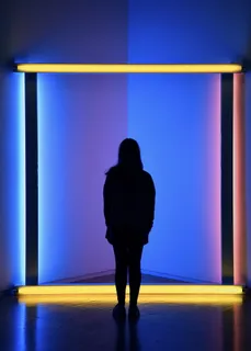站在霓虹灯房间前的女人的艺术背影剪影照片