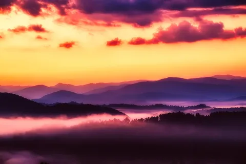 剪影、山脉、雾、大烟山、国家公园、日出、天空、云 剪影、山脉、雾、大烟山、国家公园、日出、天空、云