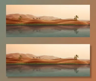 骆驼行走插图、绿洲、沙漠、大篷车、棕榈树、沙丘、照片蒙太奇、日落