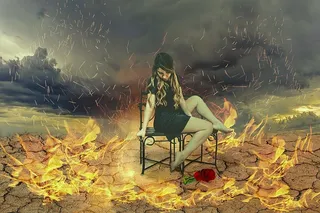 女人，坐着，黑色，钢椅，被包围，火，幻想的画面，枯萎的大地