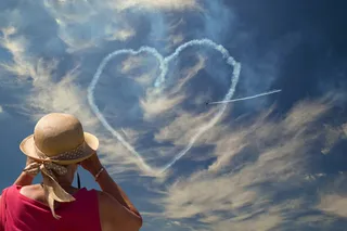 人，穿，红，坦克，顶部，看，天空，心形云