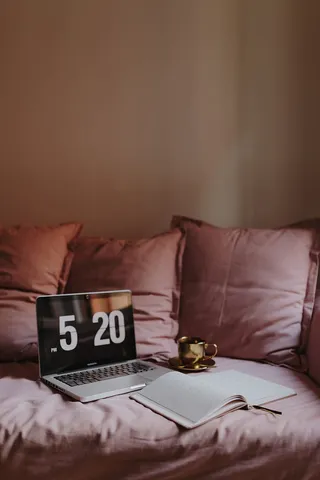 在粉色沙发上放着笔记本电脑的工作场所