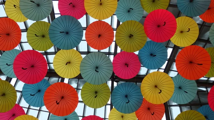 商场、装饰、雨伞、室内、花卉、丰饶、黄色、多色