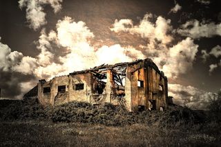 废弃、户外、自然、景观、水平、房屋、全景、分解