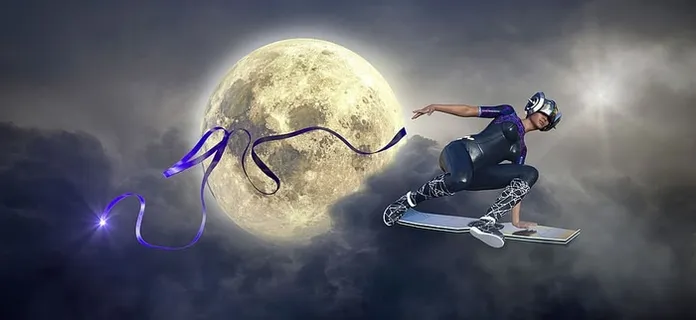 幻想,月亮,滑板,女人,乐队,云,光,飞行 幻想,月亮,滑板,女人,乐队,云,光,飞行