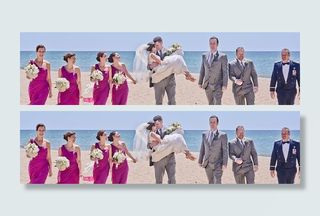 婚礼、海滩、新娘、新郎、朋友、伴娘、随身携带、一群人