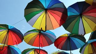 彩色, 太阳伞, 彩虹色, 装饰, 多色, 雨伞, 低角度视图, 保护