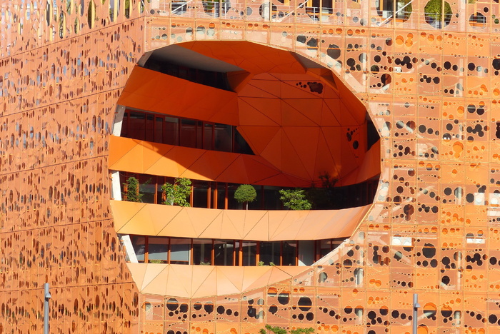 建筑，里昂，解构主义，融合，立方体橙色，法国，立面，城市景观