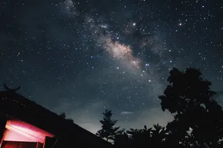 星夜下树旁房屋的虫眼视图