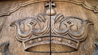 棕色、木质、皇冠、浮雕、装饰、纹章、古老、古老