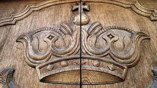 棕色、木质、皇冠、浮雕、装饰、纹章、古老、古老