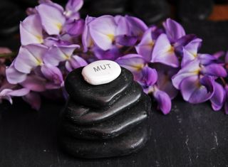 堆叠，黑色，鹅卵石，旁边，紫色，花瓣花朵，平衡，冥想